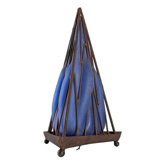 Pyramid Table Lamp in Iron and Hand-Blown Glass For Sale