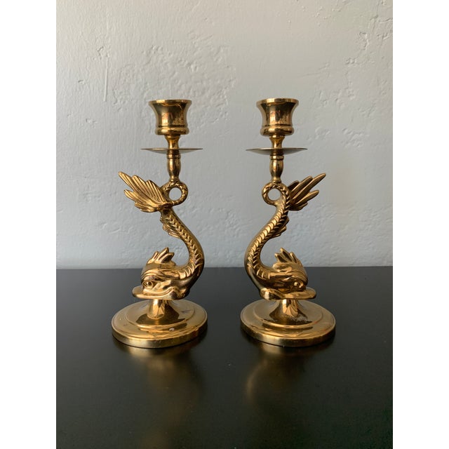 Brass Mid 20th Century Asian Brass Finish Metal Koi Taper Candle Holders, A Pair For Sale - Image 8 of 8