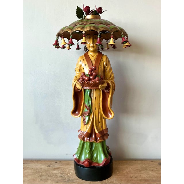 Late 20th Century Vintage Asian Carved Asian Figure With Umbrella Hat For Sale - Image 5 of 6