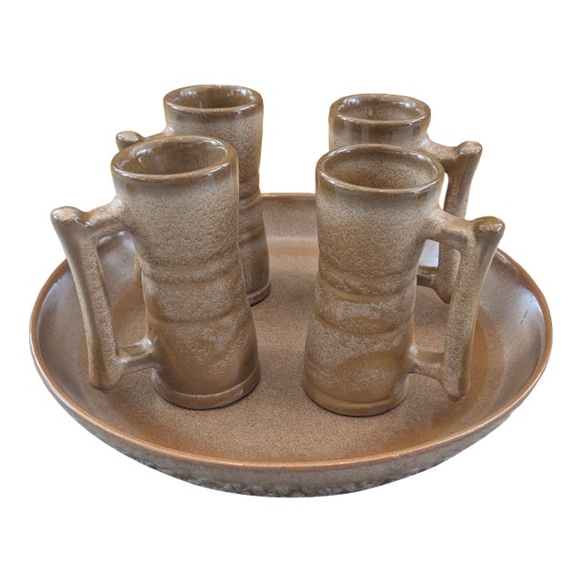 Vintage Mid Century Modern Frankoma Pottery Demitasse Espresso Mugs Cups + Serving Platter - 5 pcs For Sale