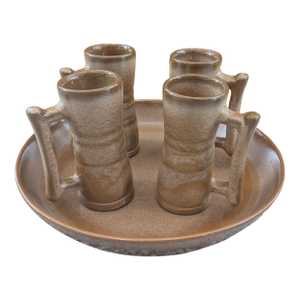 Vintage Mid Century Modern Frankoma Pottery Demitasse Espresso Mugs Cups + Serving Platter - 5 pcs