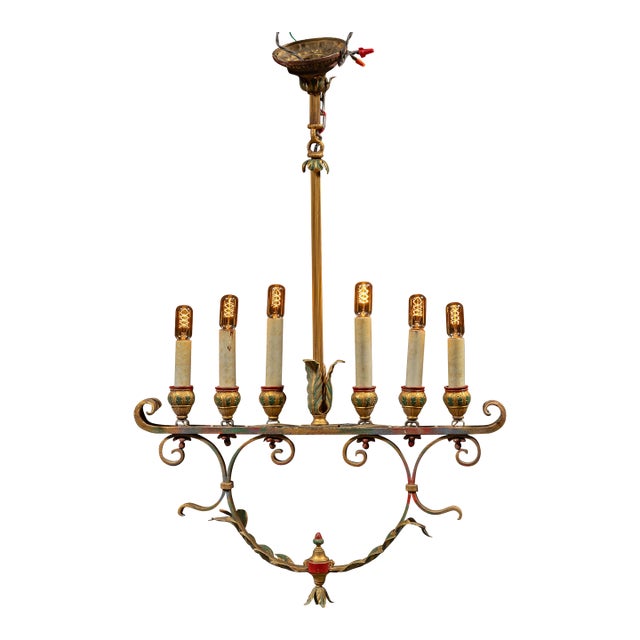 Early 20th Century Mediterranean Revival Wrought Iron and Tole Chandelier 2 For Sale