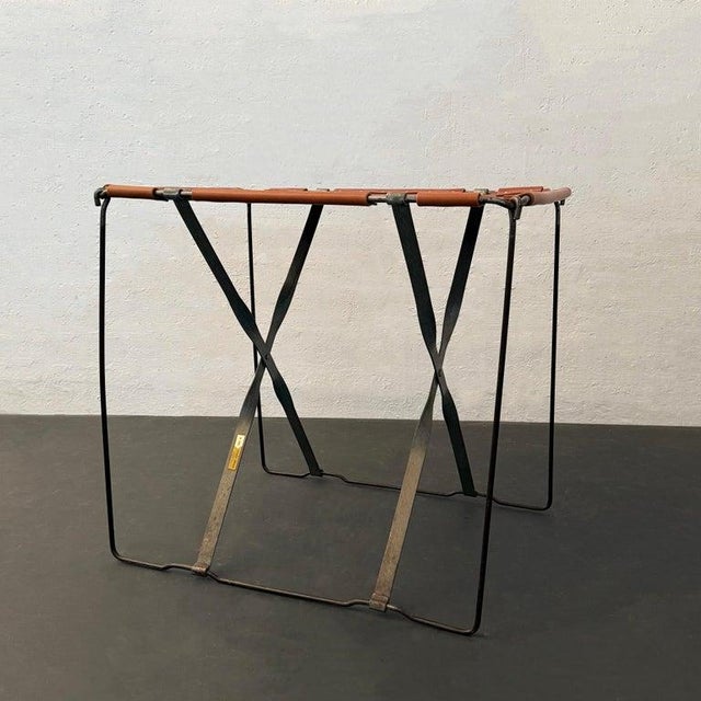 Industrial 1940s Custom Industrial Steel and Leather Side Table For Sale - Image 3 of 8