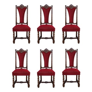 Early 20th Century Spanish Carved Walnut Set of Six Chairs with Red Velvet Seat and Back For Sale