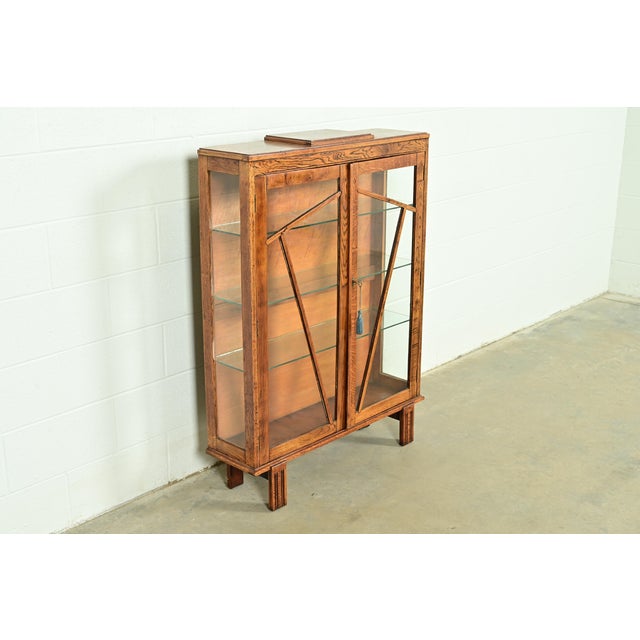Gilbert Rohde Antique English Art Deco Carved Oak Bookcase or Display Cabinet, Circa 1920s For Sale - Image 4 of 12
