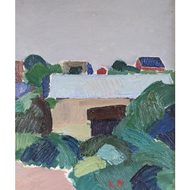Mid-Century Modern 'Hillside Houses' Vintage Swedish Semi-Abstract Landscape Oil Painting, Framed For Sale - Image 11 of 12