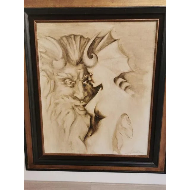 A drawing on canvas, symbolist representation of the man and the woman. Signature of the work illegible In perfect...