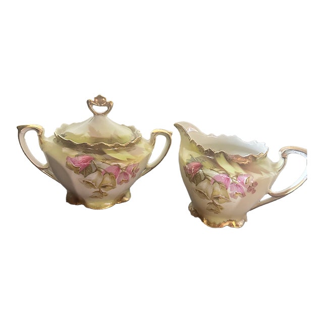 Antique Rs Prussia Reinhold Schlegelmilch Porcelain Floral Creamer & Sugar Bowl With Lid For Sale