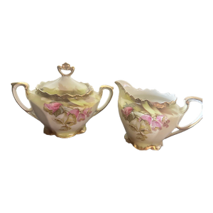 Antique Rs Prussia Reinhold Schlegelmilch Porcelain Floral Creamer & Sugar Bowl With Lid