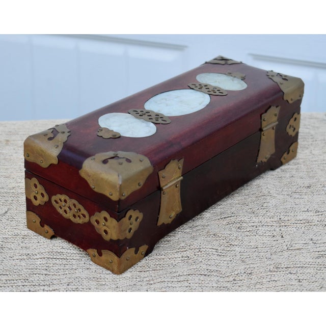 1940s Vintage Chinese Rectangular Jewelry Box W/Carved Stone & Brass Mounts For Sale - Image 5 of 12