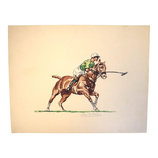 A Polo Player W/ Green Jersey C1930s Watercolor by Jos. B Dunn For Sale