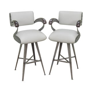 Eiffel Mid Century Modern Style Pair White Faux Ostrich Leather Swivel Metal Bar Stools For Sale