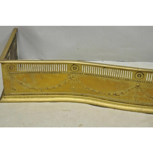 Antique English Victorian Serpentine Drape & Bellflower Brass Fireplace Fender For Sale - Image 9 of 14