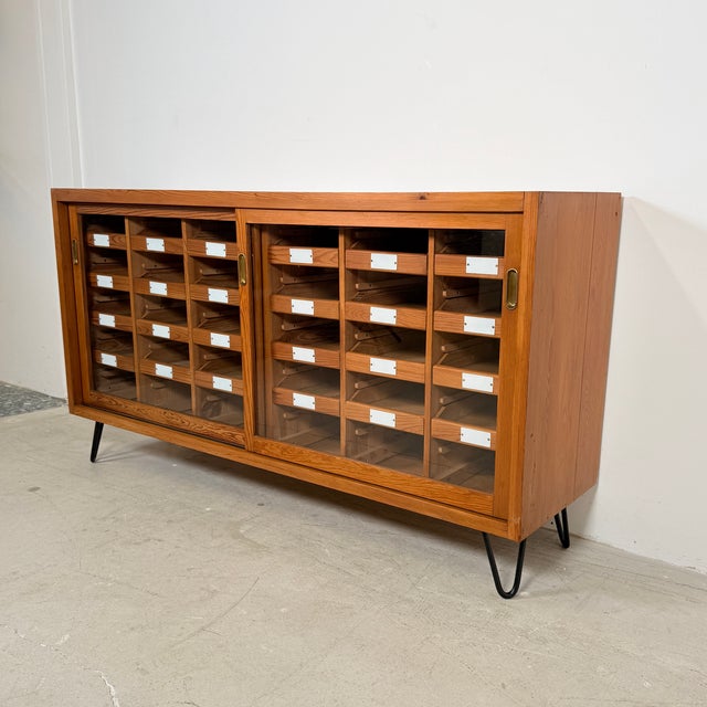 Vintage German Pine Sideboard with 24 Drawers and Glass Sliding Doors, 1960s For Sale - Image 8 of 14
