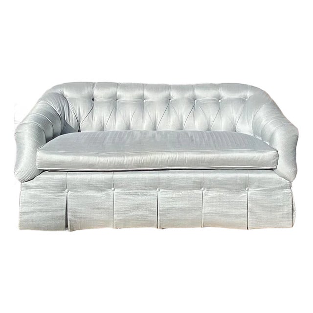 Custom Blue Tufted Sofa With Pleated Skirt For Sale