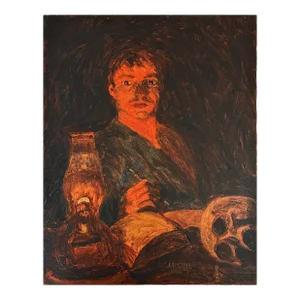 Vintage Expressionist Portrait of Artist With Skull, Signed (Oil on Canvas)