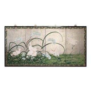 C. 1970s Japanese Style Screen "Egrets" on Silver Background For Sale