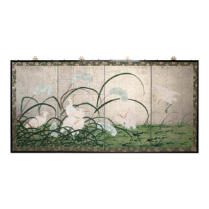 C. 1970s Japanese Style Screen "Egrets" on Silver Background