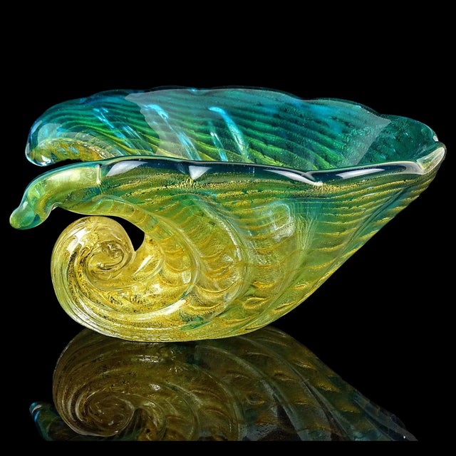 Mid-Century Modern Vintage Murano Barovier Toso Blue Rim Gold Flecks Ribbed Surface Italian Art Glass Seashell Sculptural Bowl For Sale - Image 3 of 10