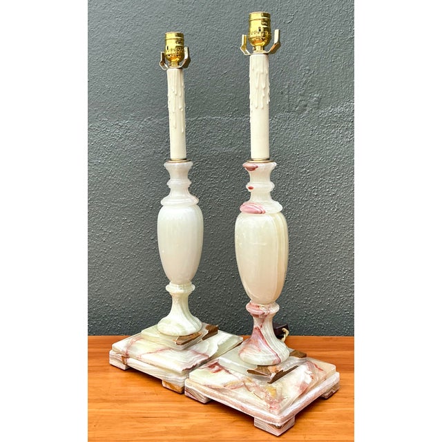 Vintage Carved Onyx Lamps - A Pair For Sale - Image 11 of 12