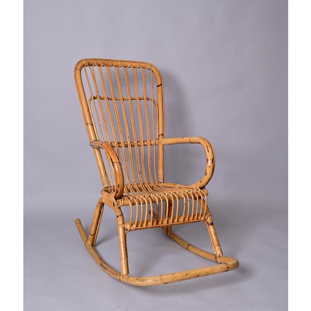 Mid-Century Italian French Riviera Curved Rattan and Bamboo Rocking Chair, 1970s For Sale - Image 17 of 18
