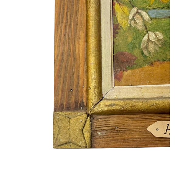 Antique French Chateau and Garden Landscape Painting Folk Art Frame Oil on Board For Sale - Image 6 of 15