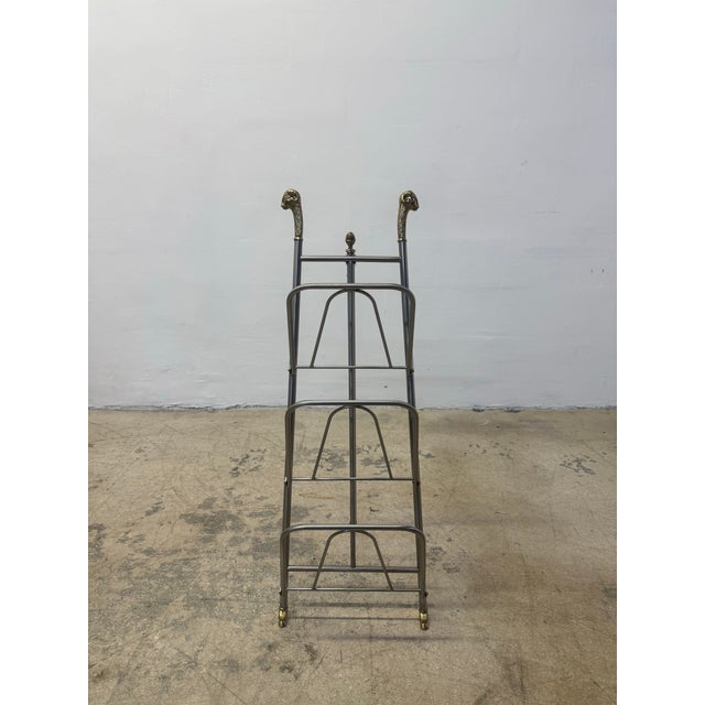Mid-Century Modern Maison Jansen Style Steel and Brass Rams Head and Feet Magazine Rack, Italy For Sale - Image 3 of 12