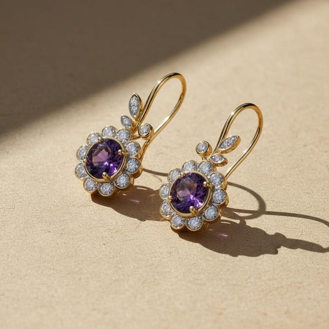 Art Nouveau Amethyst Flower and Leaf Drop Earrings, Silver, Gold, Pair For Sale - Image 4 of 10