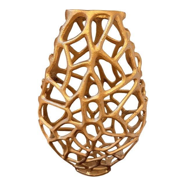 Sculptural Openwork Large Gold Aluminum Vase – Organic Modern Lattice Vessel For Sale