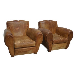 French Cognac Moustache Back Leather Club Chairs, 1940s, Set of 2 For Sale