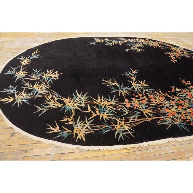 Black 1930s Black Bamboo Floral Antique Chinese Art Deco Carpet 8'4" X 11'8" Wool Rug For Sale - Image 8 of 9
