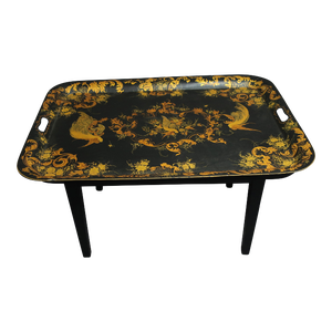 Late 20th Century Gold & Black Handpainted Tole Tray Table