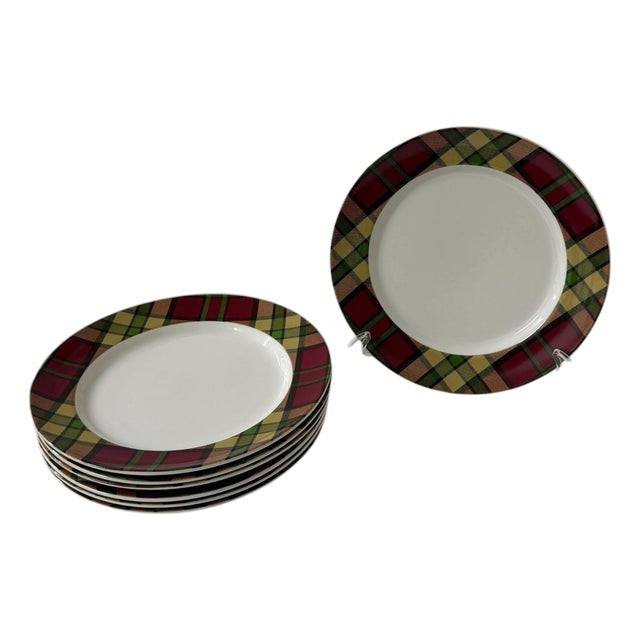 Late 20th Century Spode Glen Lodge Tartan - Red Plates - Set of 7 For Sale