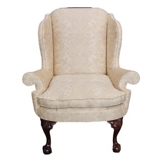 Late 20th Century Kindel Winterthur Collection Clawfoot Wing Chair Damask Fabric For Sale