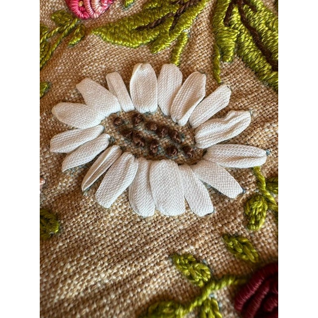 Vintage French Hand Embroidered Lady Textile Panel, Circa 1970s, Dimensional Roses and Flowers, Unfinished Pillow Fragment For Sale - Image 4 of 13