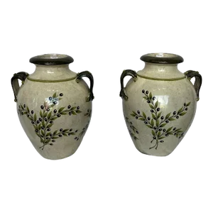 1990s Italian Hand-Painted Large Ceramic Vases With Two Handles - a Pair