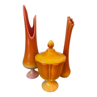 Mid 20th Century L E Smith Bittersweet Glass Art, Swung Vases & Circus Tent Lidded Jar- Set of 3 For Sale