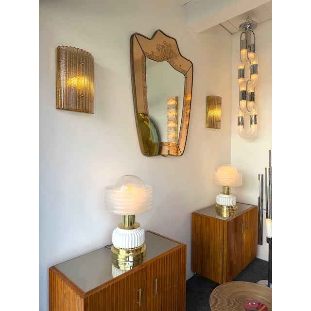 Mirror Brass and Pink Colored Glass by Giovanni Battista Gariboldi Italy, 1950s For Sale - Image 6 of 12