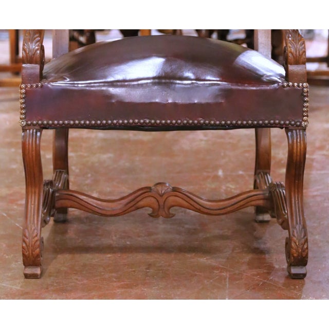 Wood Pair of 19th Century French Louis XIII Walnut Armchairs With Embossed Leather For Sale - Image 7 of 14