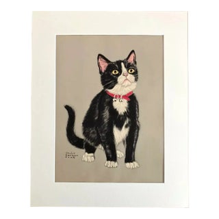 Vintage Midcentury Gladys Emerson Cook Black and White Kitten Print w/16x20 Mat For Sale