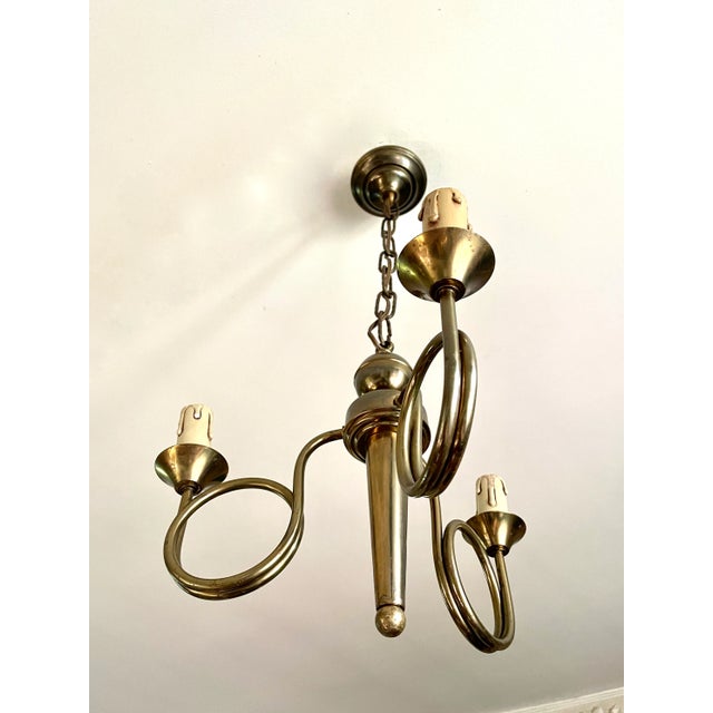 Three-arm chandelier in the shape of horns, gilded brass structure, 1950s Empire-style construction E14 socket In very...