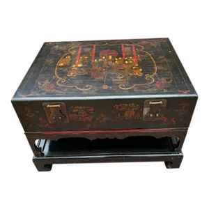 Early 1900s Chinoiserie Black Lacquer Trunk / Coffee Table on Two Stands