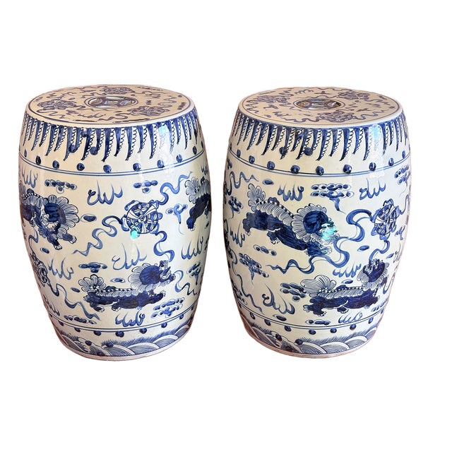 Chinoiserie Porcelain Blue and White Dancing Foo Dogs Garden Stools - A Pair For Sale - Image 4 of 7