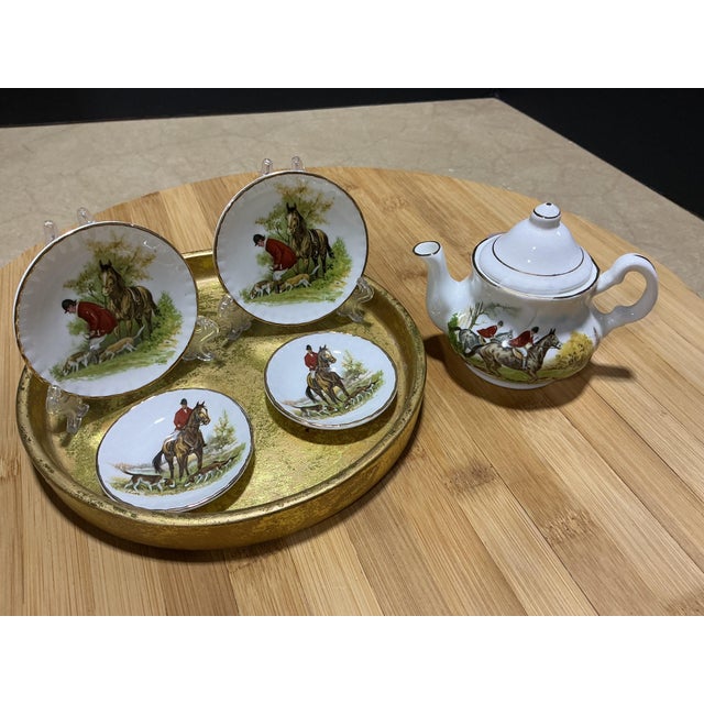 English Vintage English Bone China Equestrian Fox Hunt Miniature Tea Set With Florentine Gilt Tray - 6 Pieces For Sale - Image 3 of 7