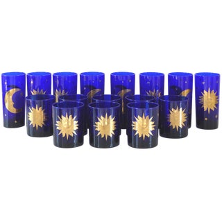 Culver Cobalt Blue & Gold Celestial Glasses - Set of 16 For Sale