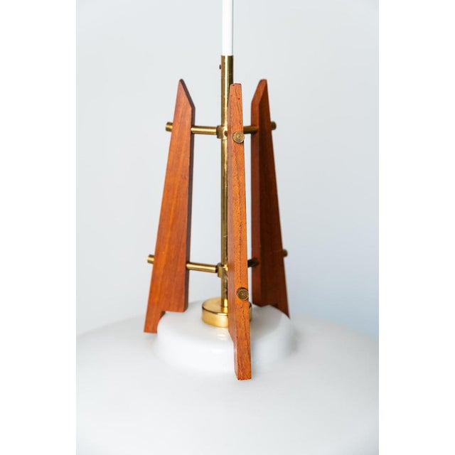 Teak, Brass and Opal Glass Pendant Light, 1960s For Sale - Image 4 of 7