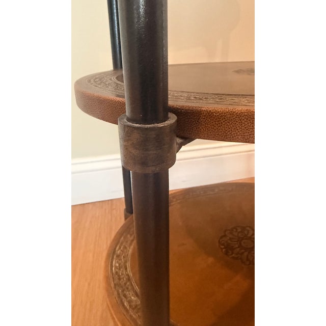 Late 20th Century Leather-Wrapped & Iron Three-Tier Oval Side Table, Made in India For Sale - Image 9 of 10