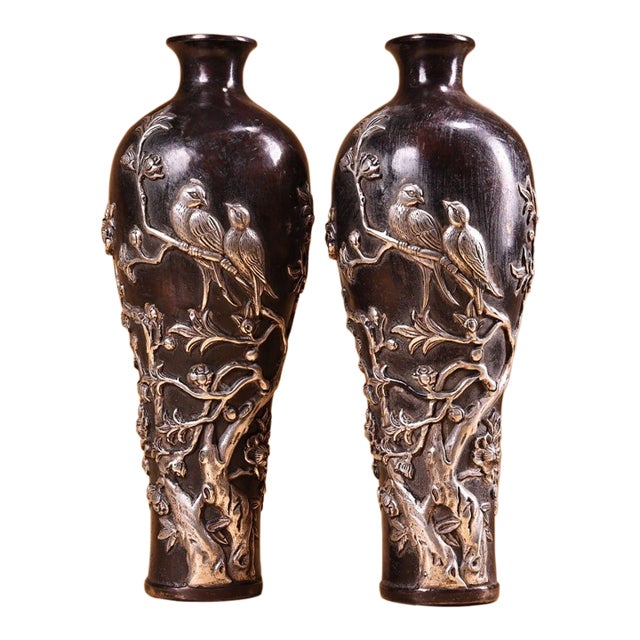 Pair of Vintage Chinese Copper & Silver Repoussé "Magpie & Plum Blossom" Mei Vases - 1120g Total For Sale