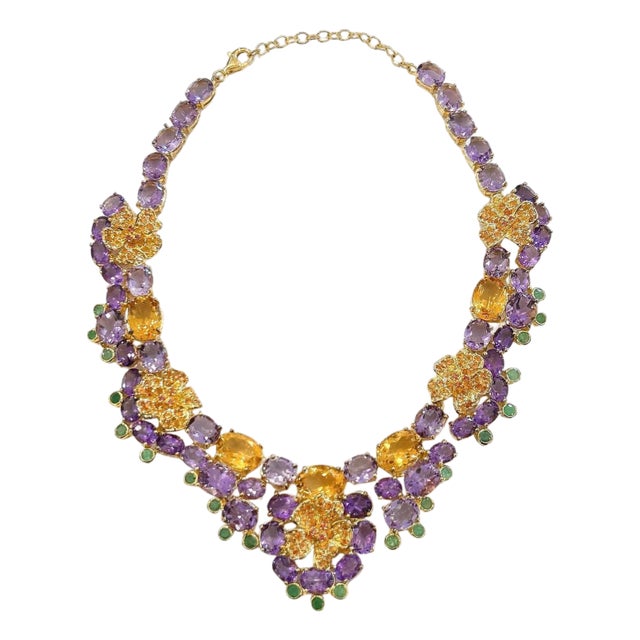 Bochic "Capri" Amethyst, Emerald, Citrin & Sapphire Necklace Set 18K & Silver For Sale