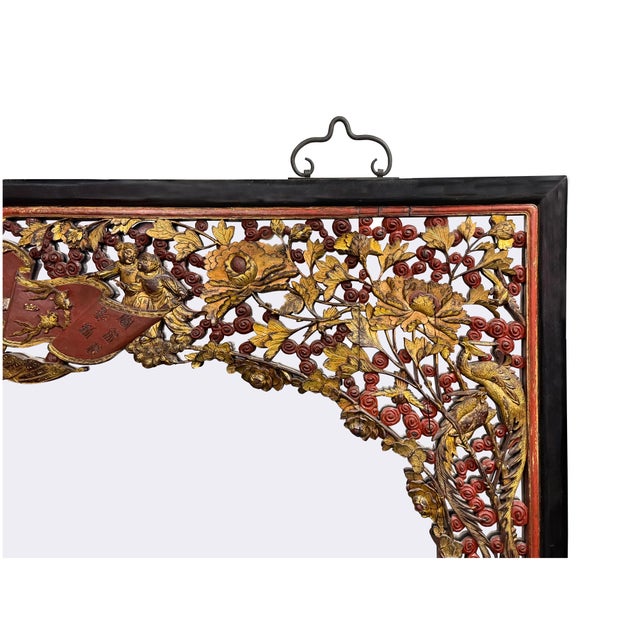 Oxblood Red 85" X 71" Chinese Red Golden Relief Carving Wood Frame Wall Mirror For Sale - Image 8 of 17